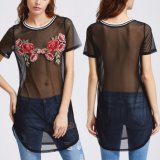 Fashion Women Sexy Casual Mesh Rose Flower Embroidery Shist Dress