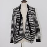 Ladies' Black/Cream Striped Cardigan with Lose Version and Soft Handfeel, with PU Pocket