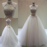 New Heavy Beading Pearls Halter Ball Gown Bridal Wedding Dress