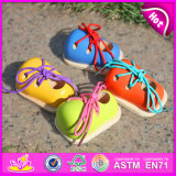 2015 New Kindergarten Teaching Baby Wooden String Shoe Play Toy, High Quality Educational Toddler Wooden Lacing Shoe Toy W02A089