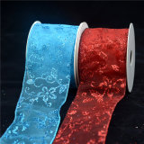 Christmas Printed Glittery Ribbon with Wire Edge for Room Decoration