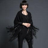 Lady Fashion Leather Tassel Viscose Polyester Knitted Black Shawl (YKY4528)