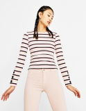 Women Round Neck Color Stripes Sweater with Cuff Splits