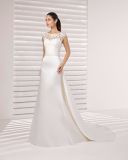 Boat Neck Lace Top Satin Skirt with Detachable Train Wedding Dress