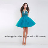 A Line Halter Backless Tulle Appliques Sweet Cocktail Prom Dresses