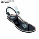 Woman Lady Flat Clip Toe Black PVC Sandal with Rhinestone