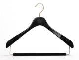 Glossy Black Velvet Flocked Anti-Slip Wide Shoulder Wooden Hanger for Clothes
