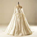 Long Sleeve Applique Crystal Satin Princess Wedding Dress Bridal Gown