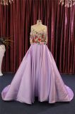 Purple Long Sleeve Flower Satin Prom Party Evening Dresses