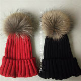 High Quality Winter Knit Hat with Raccoon Fur Ball on The Top