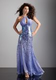 Blue Chiffon Sequin Beaded Halter a-Line Long Prom Dresses (PD3043)