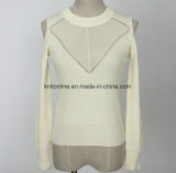Ladies' Fashion Ribbed Dew Shoulder Stretch Sweater with Round Neck and Long Sleeves, Front and Back Crochet
