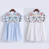 Fashion Women Leisure Casual Pleated Flower Embroidery T-Shirt Dress