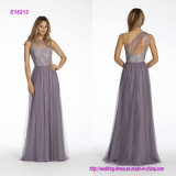 One Shoulder A-Line Bridesmaid Dress with Silver Metallic Lace Bodice