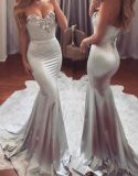 Silver Satin Pary Prom Gowns Mermaid Beaded Gown Evening Dress P14687