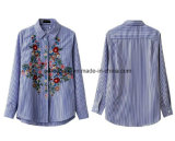 Wholelsale Women Garment Fashion Wild Striped Shirt with Embroideried Flowers