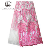 Pink African Tulle Lace Fabric with Beads