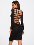 Sexy Black Bodycon Women Laser Cut Back Shirred Detail Dress