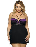 in Stock Blackless Purple Lace Big Size Stitching Halter Lingerie with G String