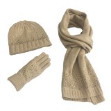 Womens 3PC Winter Warm Beanie Long Gloves Diamond Flip Cover Scarf Hat Set Scarf (SK124S)