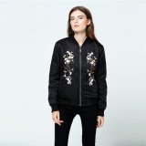 High Quality Winter Autumn Ladies Long Sleeve Zipper Flower Custom Embroidery Bomber Jacket