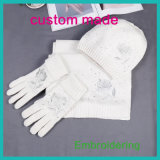 Winter Wool Acrylic Embroidery Logo Knit Woman Long Scarf Shawl and Hat Gloves, Knitted Scarves Warm Set
