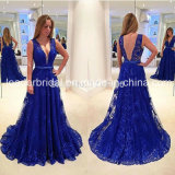 Blue Lace Party Formal Gowns V-Neckline Evening Dresses Z4004