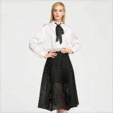 Black Striped Mesh Overlay MIDI Skirt with High-Heeled Shoes
