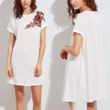 Fashion Women Leisure Casual Rose Flower Embroidery Shirt Dress