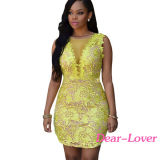 Yellow Lace Nude Mesh Accent Dress