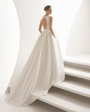 Hollow Back Boat Neck Pocket Elegant Satin Bridal Gown Wedding Dress