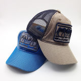 Washed Worn-out 6 Panel Denim Mesh Trucker Cap with Applique Patches