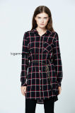 Plaid Blouse Long Sleeve Woman Blouse & Top with Metal Belt