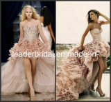 Strapless Pink Tulle Lace Feather A-Line Hi-Low Bridal Wedding Dress (H1387)