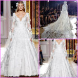 Lace Long Sleeve V-Neck A-Line Court Train Bridal Wedding Dresses H5211