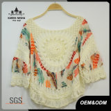 Women Fashion Loose Crochet Patterned Chiffion T-Shirt