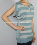 Women Knitted Round Neck Sweater with Color Stripes (11SS-081)