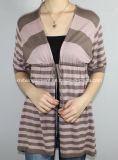 Women Knitted V Neck Sweater with Color Stripes (11SS-129)