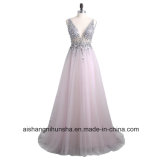 Women Backless Bead Crystal Sleeveless Tulle Evening Party Dress