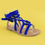 Lady Blue Velvet Belt Flats Ankel Tie Sandals for Women