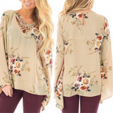 Fashion Women Leisure Casual Flower Printed Flare Sleeve Blouse