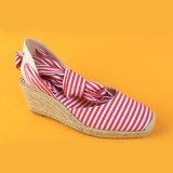 Cheap Ladies Closed Toe Ankle Strap Pink Strip Wedge Espadrille Sandals for Women