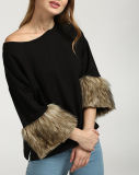 2017 New Fashion Women Black Valerie Fur Sleeve Knit Sweatshirts