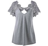 Women's Scalloped Floral Lace V Neck Short Sleeve Blouse Shirt Top