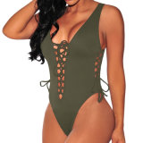Women Sexy Army Green Lace up High Cut Bodysuit