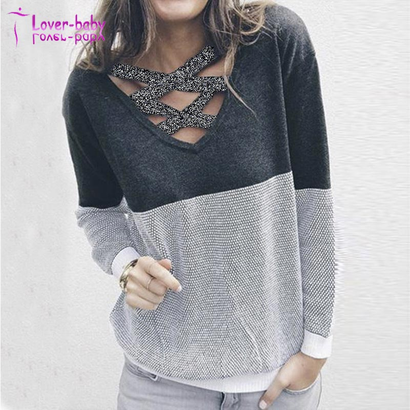 V Neck Criss Cross Color Block Pullover Sweater