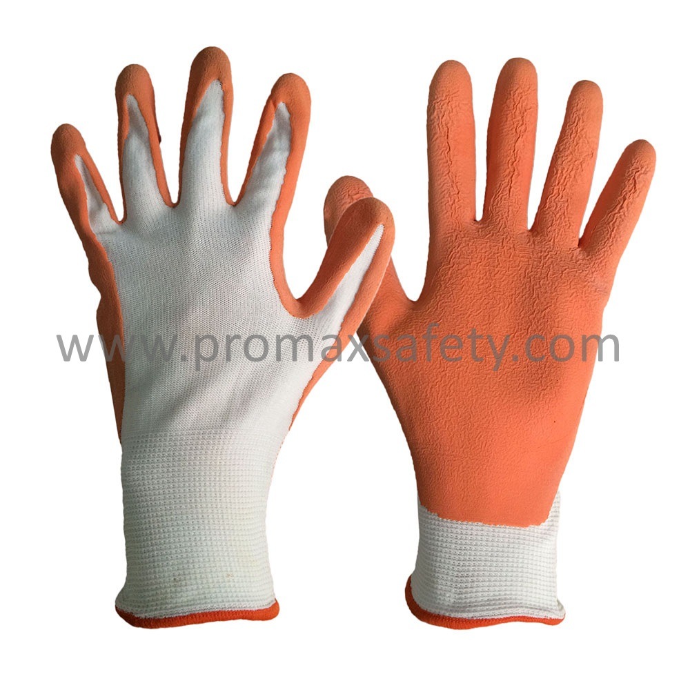 13G White Polyester Liner Orange Foam Latex Coating Garden Gloves