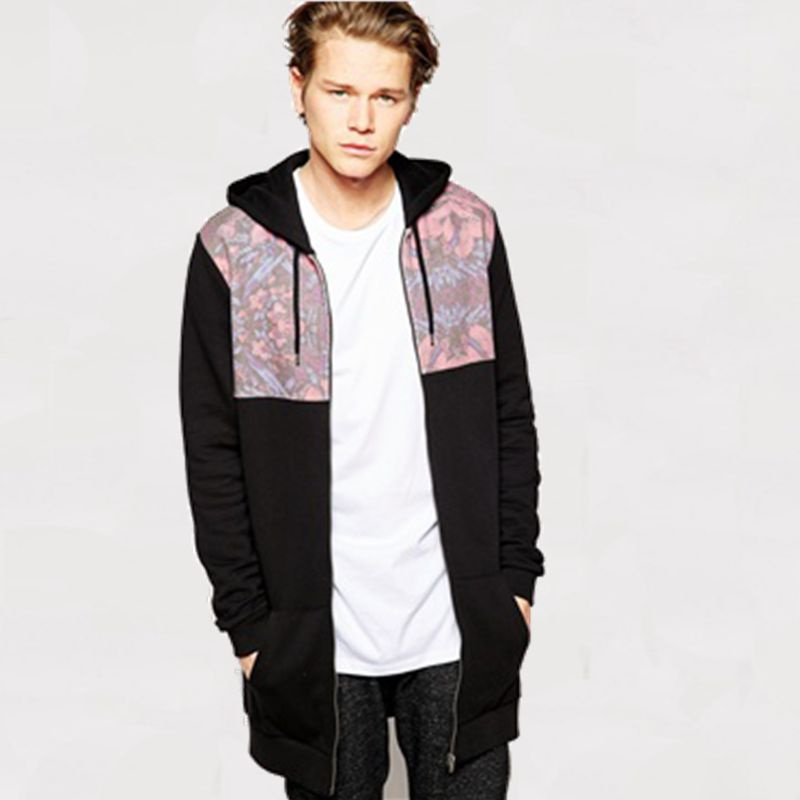 Longline Zip up Hoodie with Printed Panel