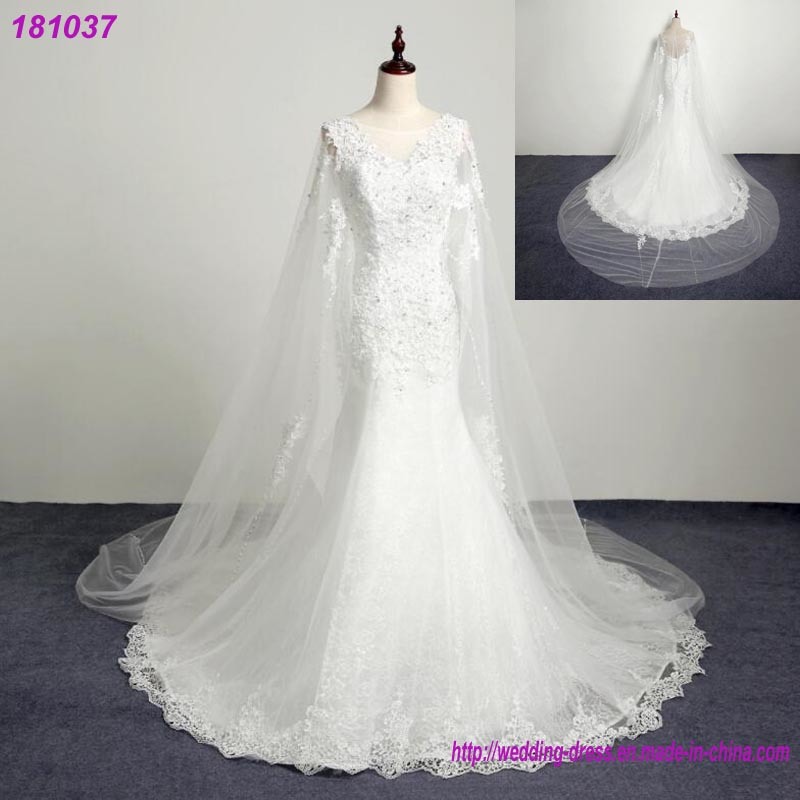 Deep V-Neck Bridal Prom Dress Ivory Satin Cape Wedding Dress