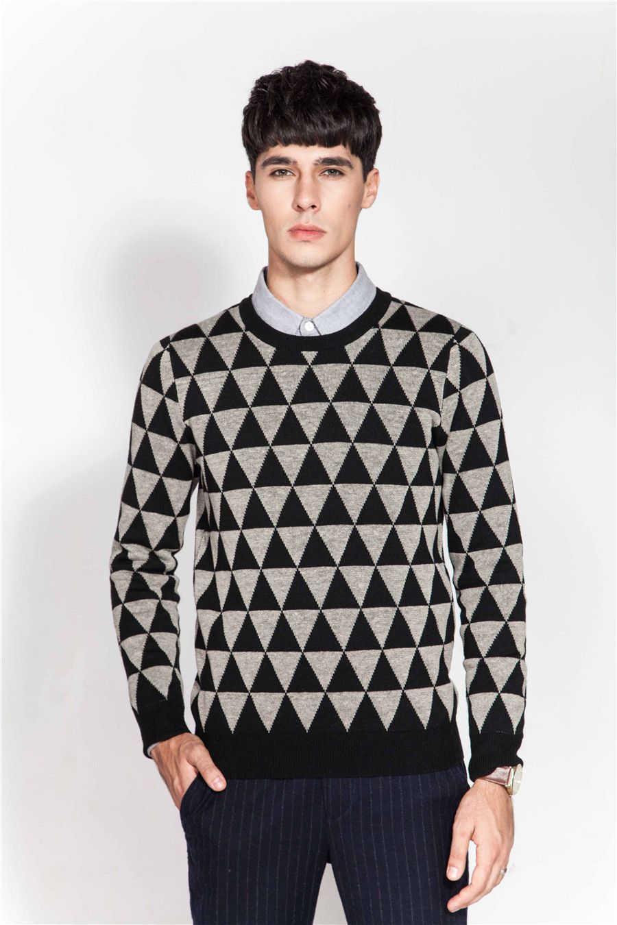 Winter Patterned Crew Neck Knit Men Sweater